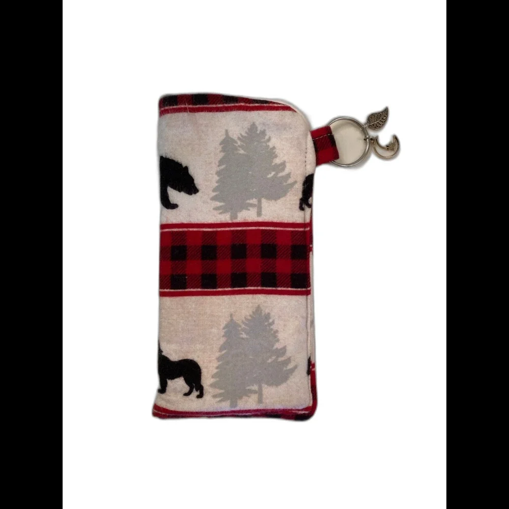 Eyeglass Case Distressed Flannel‎ Look w/  Leaf & Moon Charms on Keyring Plaid